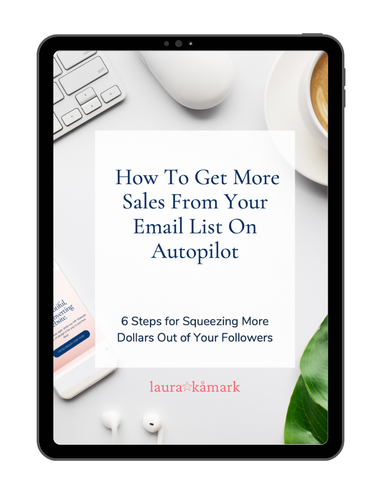 Tablet with ebook titled "How To Get More Sales From Your Email List On Autopilot" by Laura Karmark. Accessories like a keyboard, smartphone, and coffee are visible in the background.