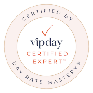 Circular badge with text: "Certified by Day Rate Mastery®" around the edge, and "vipday Certified Expert" in the center with a check mark above.