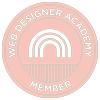 Circular emblem with text "Web Designer Academy Member" surrounding a green and white rainbow design.