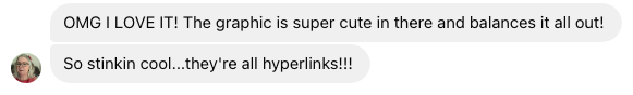 Two text messages: The first expresses excitement about a cute graphic and balance. The second exclaims that hyperlinks are cool.