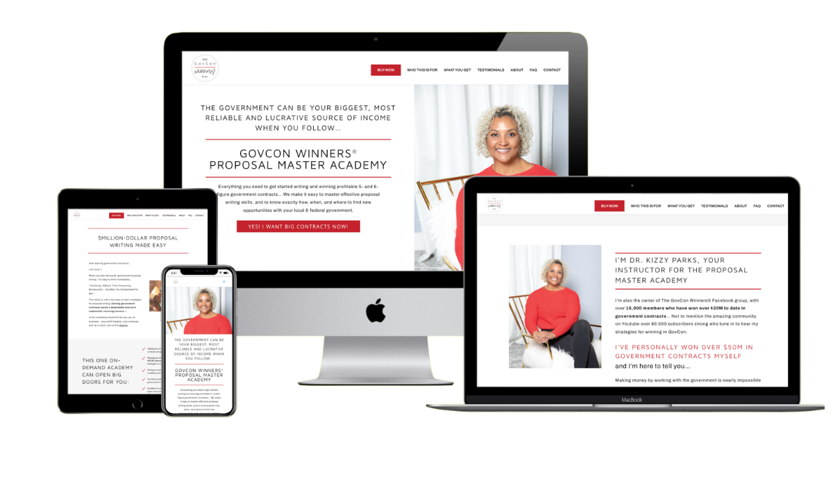 A webpage displayed on a desktop computer, laptop, tablet, and phone, showcasing "GovCon Winners' Proposal Master Academy" with images of a woman in a white and red outfit.