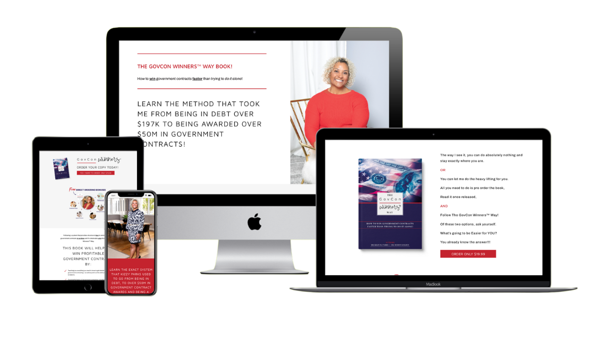 A book promotion displayed on multiple devices, showing a woman in a red top alongside the book cover and description, emphasizing government contracting success.
