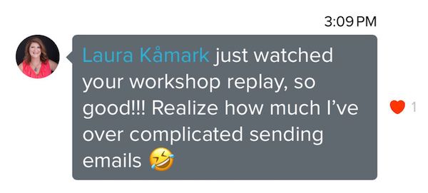 A message from Sarah Masci at 11:03 AM reads, "That was perfect!!" followed by a heart eyes emoji and a red heart reaction.