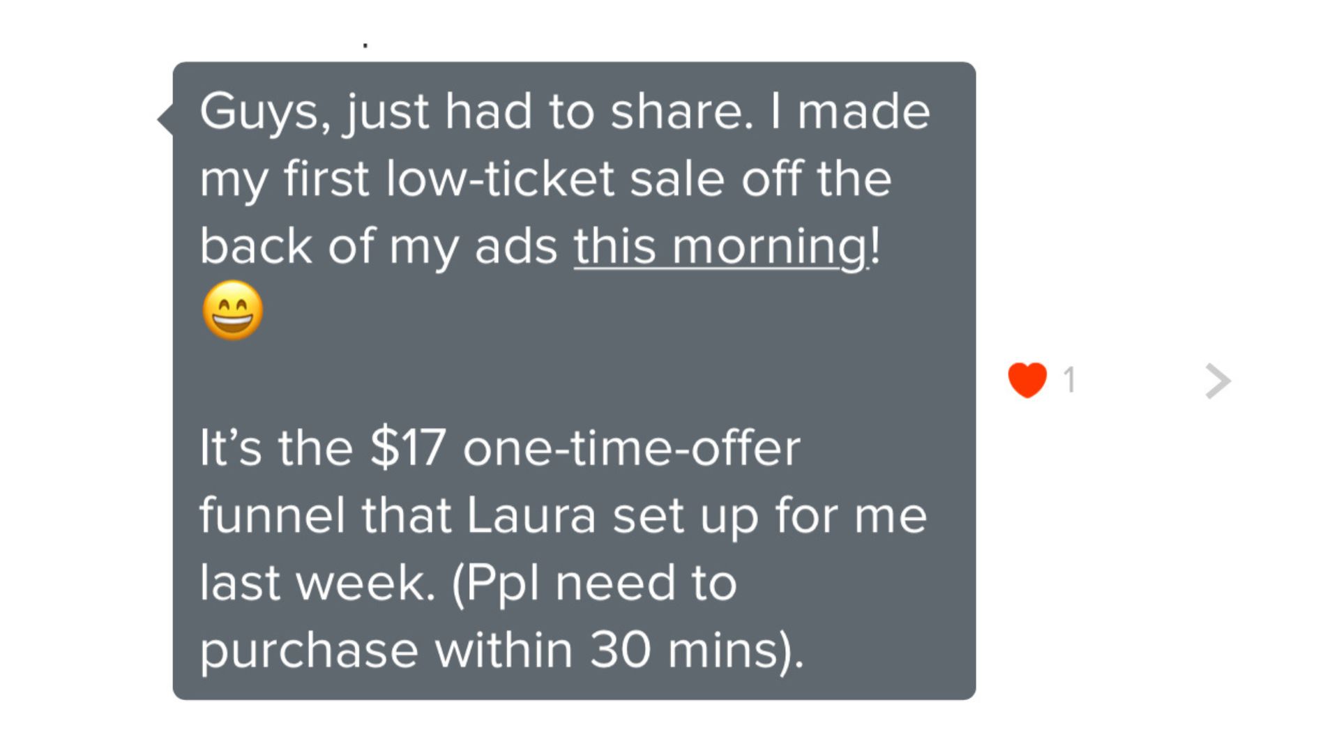 A text message announces the sender made their first $17 low-ticket sale from ads using a one-time-offer funnel set up by Laura, requiring purchase within 30 minutes.