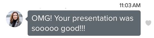 A message from Sarah Masci at 11:03 AM reads, "That was perfect!!" followed by a heart eyes emoji and a red heart reaction.