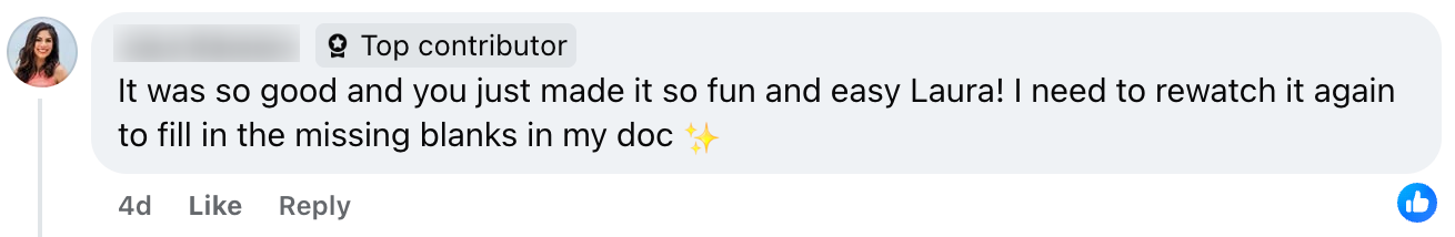 A message from Sarah Masci at 11:03 AM reads, "That was perfect!!" followed by a heart eyes emoji and a red heart reaction.