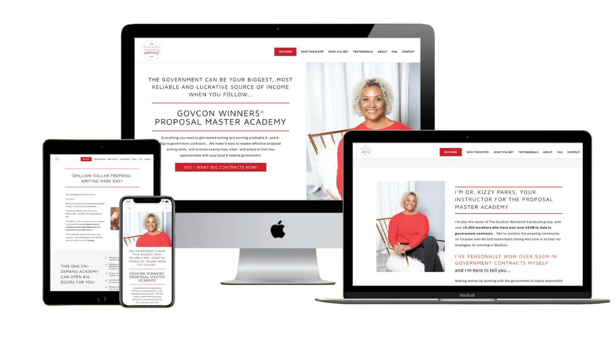 Proposal Masters Academy A webpage displayed on a desktop computer, laptop, tablet, and phone, showcasing "GovCon Winners' Proposal Master Academy" with images of a woman in a white and red outfit.