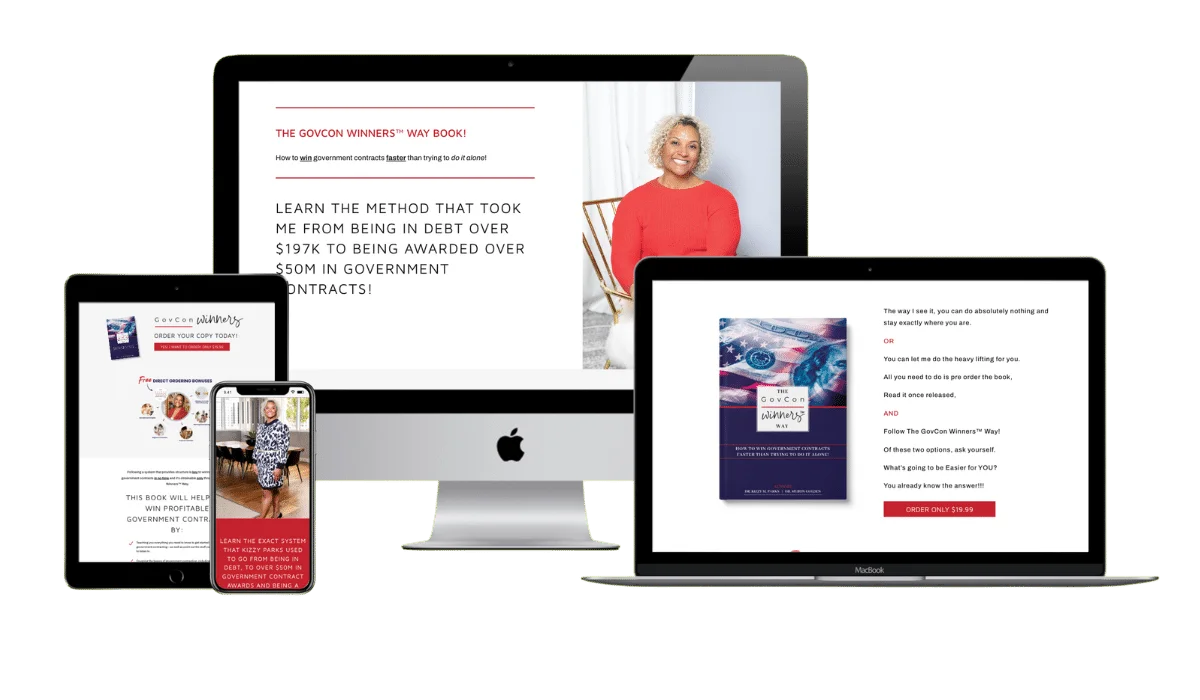 Winner Way A book promotion displayed on multiple devices, showing a woman in a red top alongside the book cover and description, emphasizing government contracting success.
